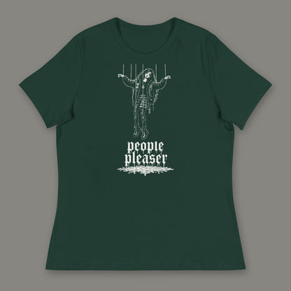 People Pleaser Women's Relaxed Tee in forest green by Trauma Dump, cut-string marionette tattoo-style gothic graphic in white ink (Forest Green, white ink)