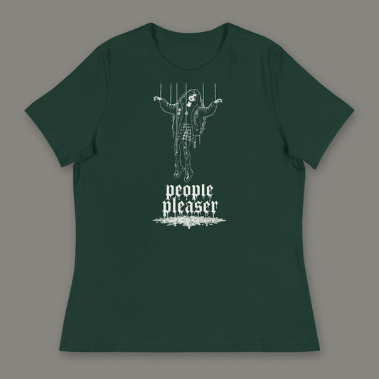 People Pleaser Women's Relaxed Tee in forest green by Trauma Dump, cut-string marionette tattoo-style gothic graphic in white ink (Forest Green, white ink)