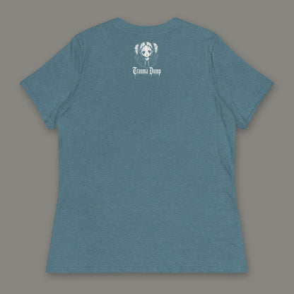 People Pleaser Women's Relaxed Tee in heather deep teal by Trauma Dump, women's relaxed tee goth tee back view with TD doll logo under the collar in white ink (Heather Deep Teal, White ink)
