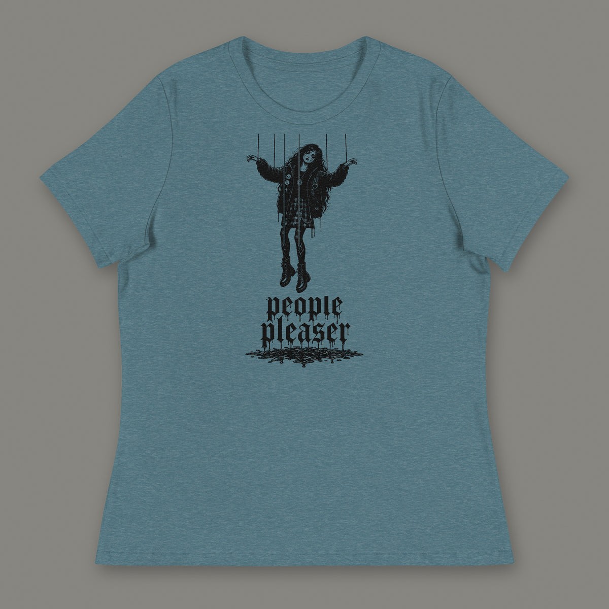 People Pleaser Women's Relaxed Tee in heather deep teal by Trauma Dump, cut-string marionette tattoo-style gothic graphic in black ink (Heather Deep Teal, black ink)