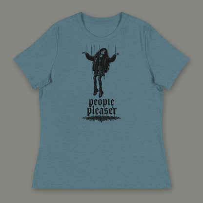 People Pleaser Women's Relaxed Tee in heather deep teal by Trauma Dump, cut-string marionette tattoo-style gothic graphic in black ink (Heather Deep Teal, black ink)