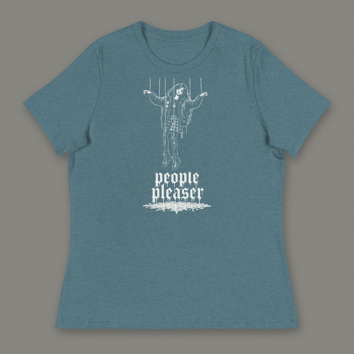 People Pleaser Women's Relaxed Tee in heather deep teal by Trauma Dump, cut-string marionette tattoo-style gothic graphic in white ink (Heather Deep Teal, white ink)