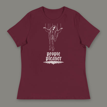 People Pleaser Women's Relaxed Tee in maroon by Trauma Dump, cut-string marionette tattoo-style gothic graphic in white ink (Maroon, white ink)