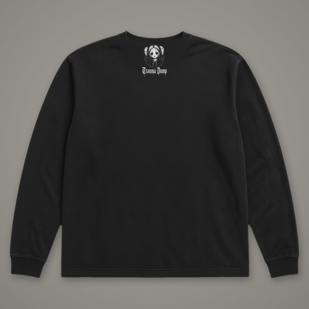 Skeletons in the Closet Long Sleeve Tee in black, back view with doll portrait logo under the collar (Black, white ink)