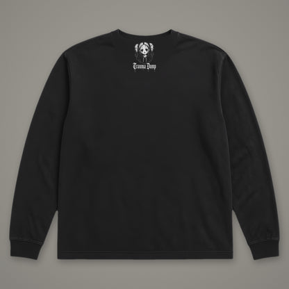 Skeletons in the Closet Long Sleeve Tee in black, back view with doll portrait logo under the collar (Black, white ink)