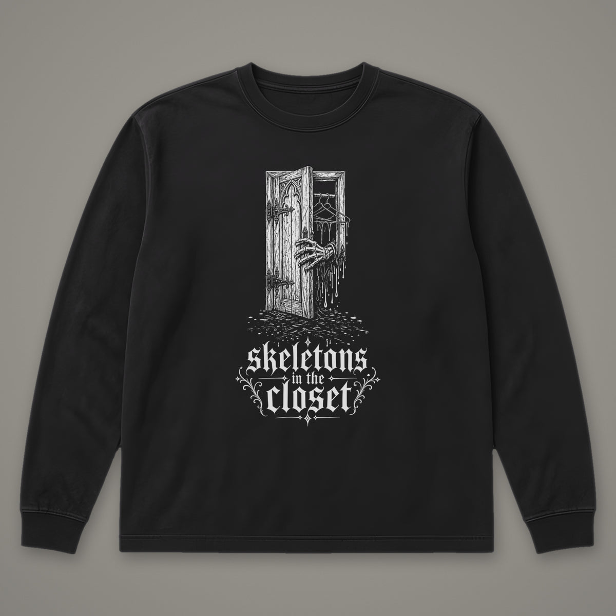 Skeletons in the Closet Long Sleeve Tee in black, front view (Black, white ink)