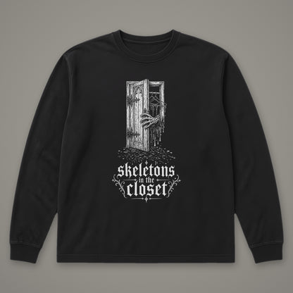 Skeletons in the Closet Long Sleeve Tee in black, front view (Black, white ink)