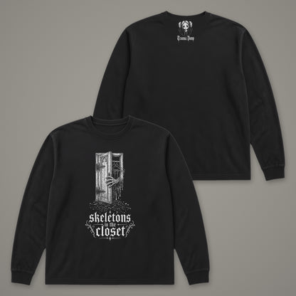 Skeletons in the Closet Long Sleeve Tee in black, front and back view (Black, white ink)