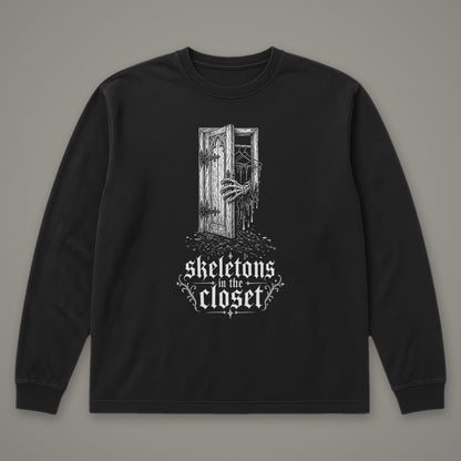 Skeletons in the Closet Long Sleeve Tee in black, front view (Black, white ink)