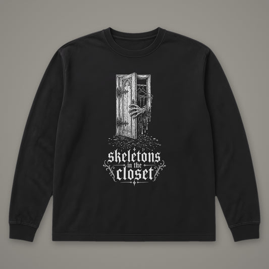 Skeletons in the Closet Long Sleeve Tee in black, front view (Black, white ink)