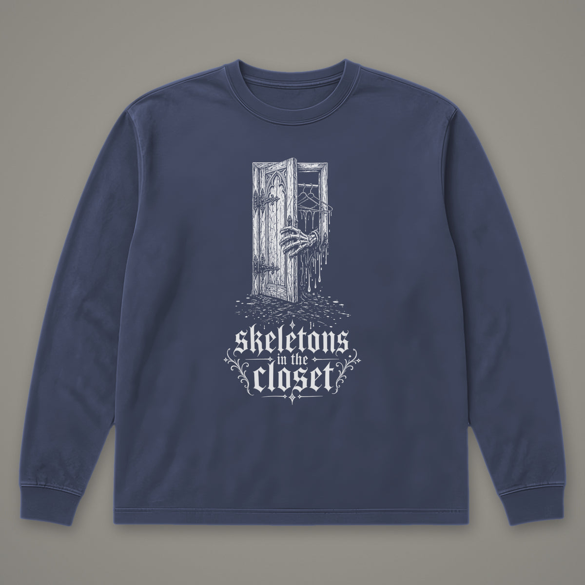 Skeletons in the Closet Long Sleeve Tee in navy, front view (Navy, white ink)