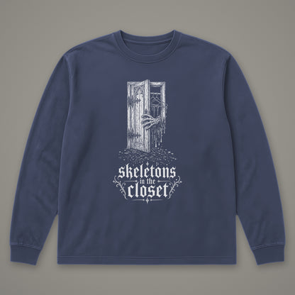 Skeletons in the Closet Long Sleeve Tee in navy, front view (Navy, white ink)