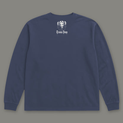 Skeletons in the Closet Long Sleeve Tee in navy, back view with doll portrait logo under the collar (Navy, white ink)