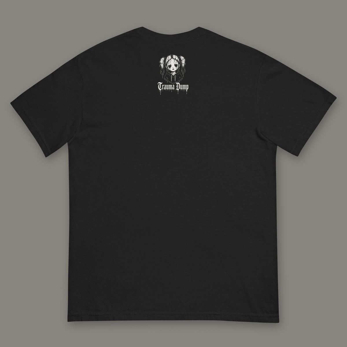 Skeletons in the Closet Men's Heavyweight Tee in black by Trauma Dump, men's heavyweight tee goth tee back view with TD doll logo under the collar in white ink (Black, White ink)