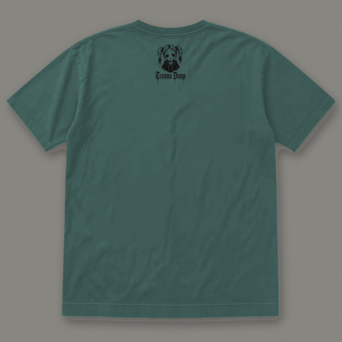 Skeletons in the Closet Men's Heavyweight Tee in blue spruce by Trauma Dump, men's heavyweight tee goth tee back view with TD doll logo under the collar in black ink (Blue Spruce, black ink)
