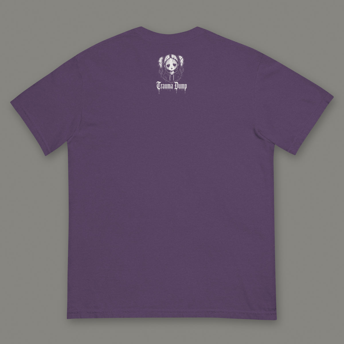 Skeletons in the Closet Men's Heavyweight Tee in grape by Trauma Dump, men's heavyweight tee goth tee back view with TD doll logo under the collar in white ink (Grape, White ink)
