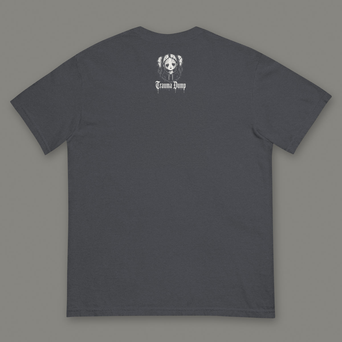 Skeletons in the Closet Men's Heavyweight Tee in graphite by Trauma Dump, men's heavyweight tee goth tee back view with TD doll logo under the collar in white ink (Graphite, White ink)