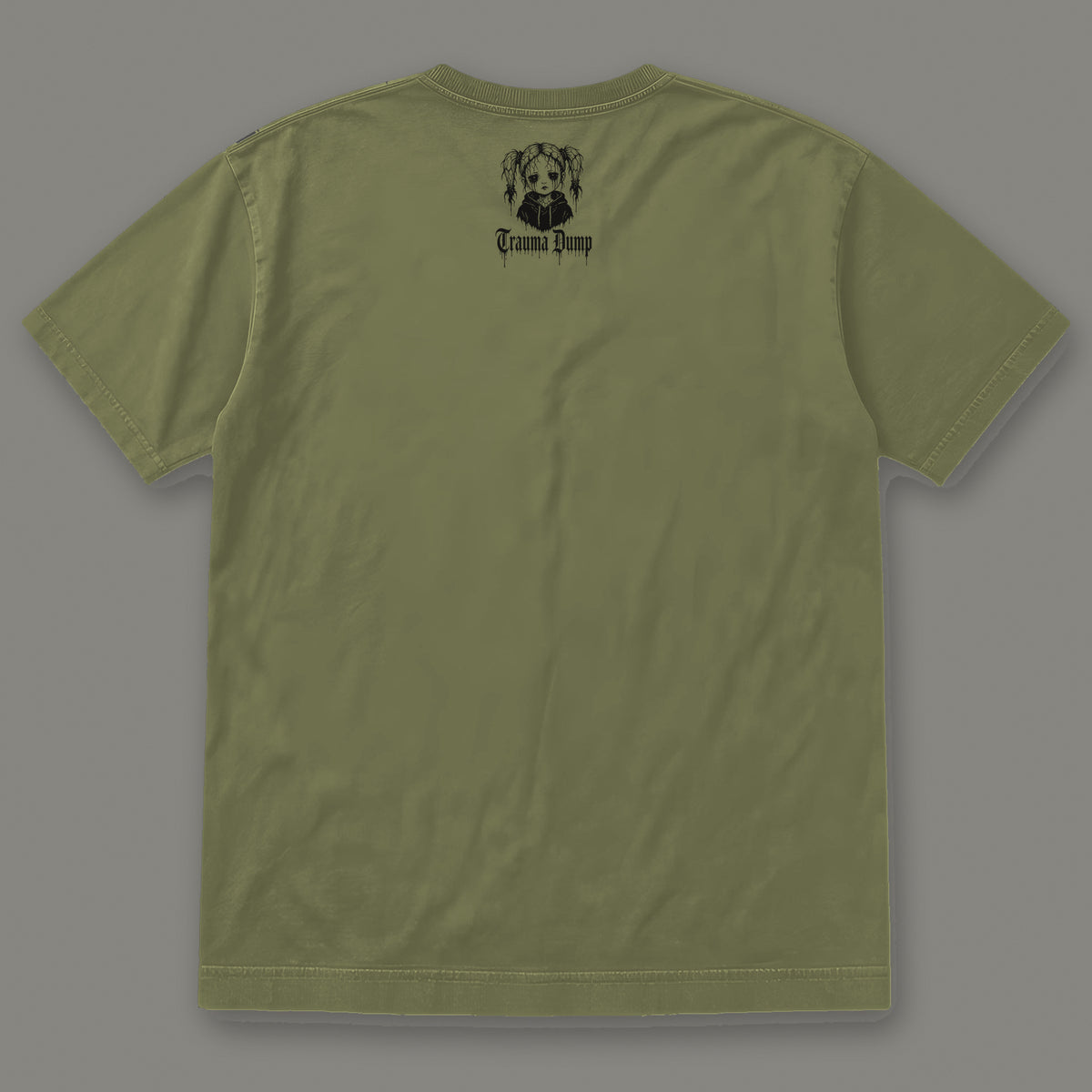 Skeletons in the Closet Men's Heavyweight Tee in moss by Trauma Dump, men's heavyweight tee goth tee back view with TD doll logo under the collar in black ink (Moss, black ink)