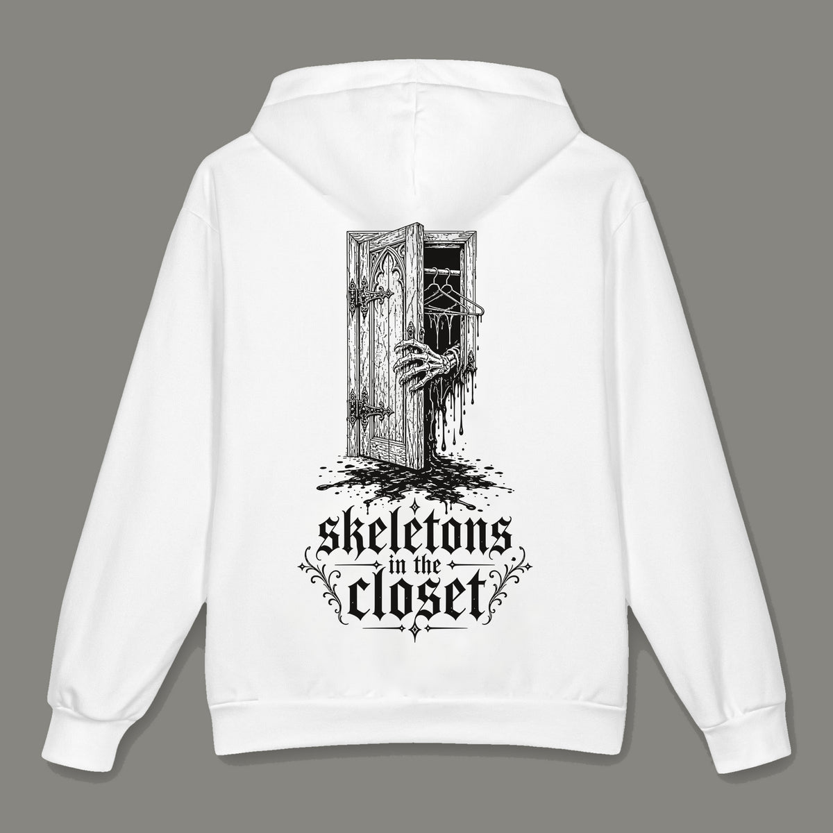 Skeletons in the Closet Oversized Cotton Hoodie by Trauma Dump, oversized grunge hoodie with skeleton hand print, mockup view 3