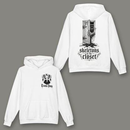 Skeletons in the Closet Oversized Cotton Hoodie in white by Trauma Dump, skeleton hand tattoo-style gothic graphic