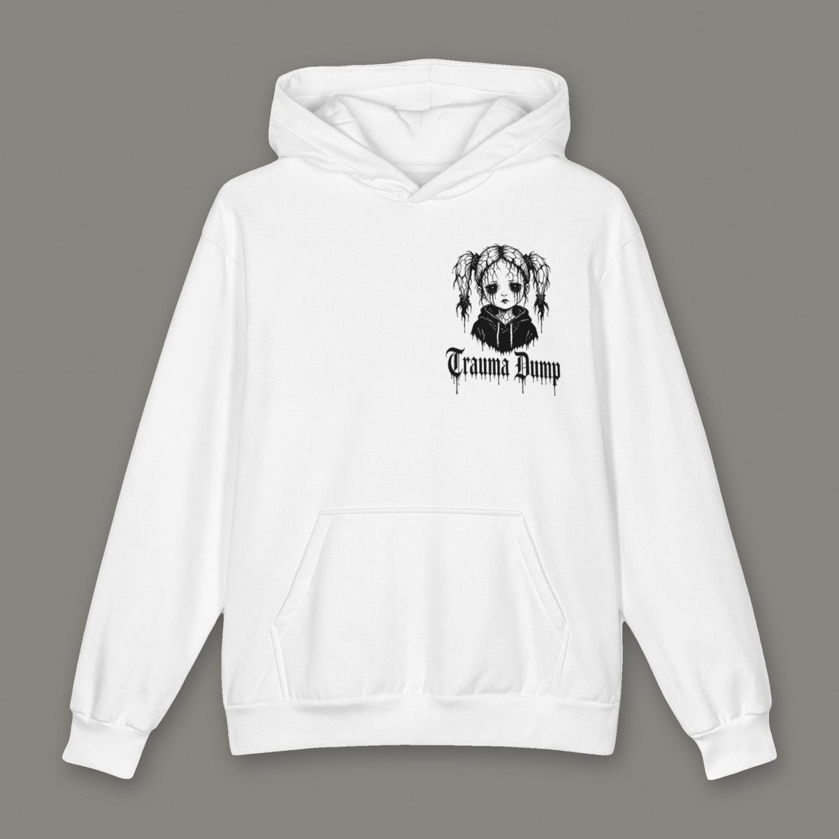 Skeletons in the Closet Oversized Cotton Hoodie by Trauma Dump, oversized white grunge hoodie front with doll portrait logo, mockup view 2