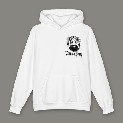 Skeletons in the Closet Oversized Cotton Hoodie by Trauma Dump, oversized white grunge hoodie front with doll portrait logo, mockup view 2
