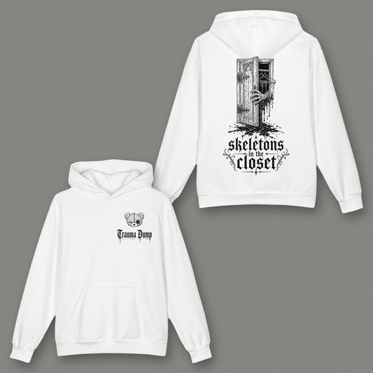 Skeletons in the Closet Oversized Cotton Hoodie in white by Trauma Dump, skeleton hand tattoo-style gothic graphic