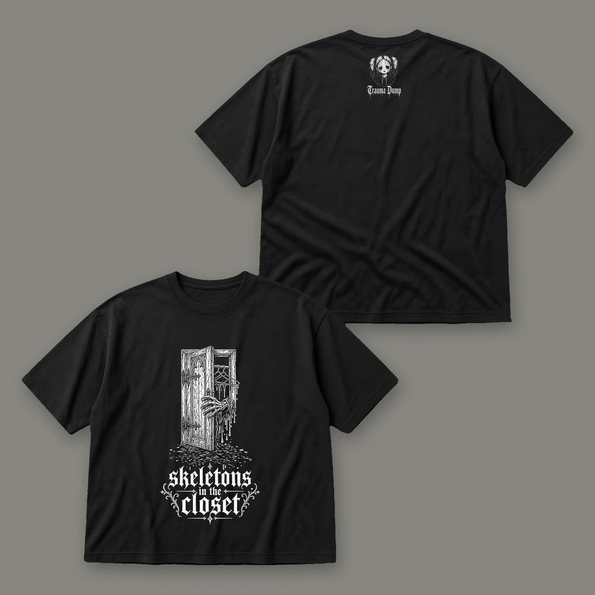 Skeletons in the Closet Men's Oversized Tee by Trauma Dump, front and back view of black goth tee