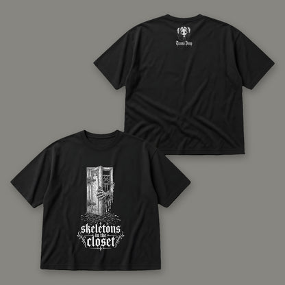 Skeletons in the Closet Men's Oversized Tee by Trauma Dump, front and back view of black goth tee