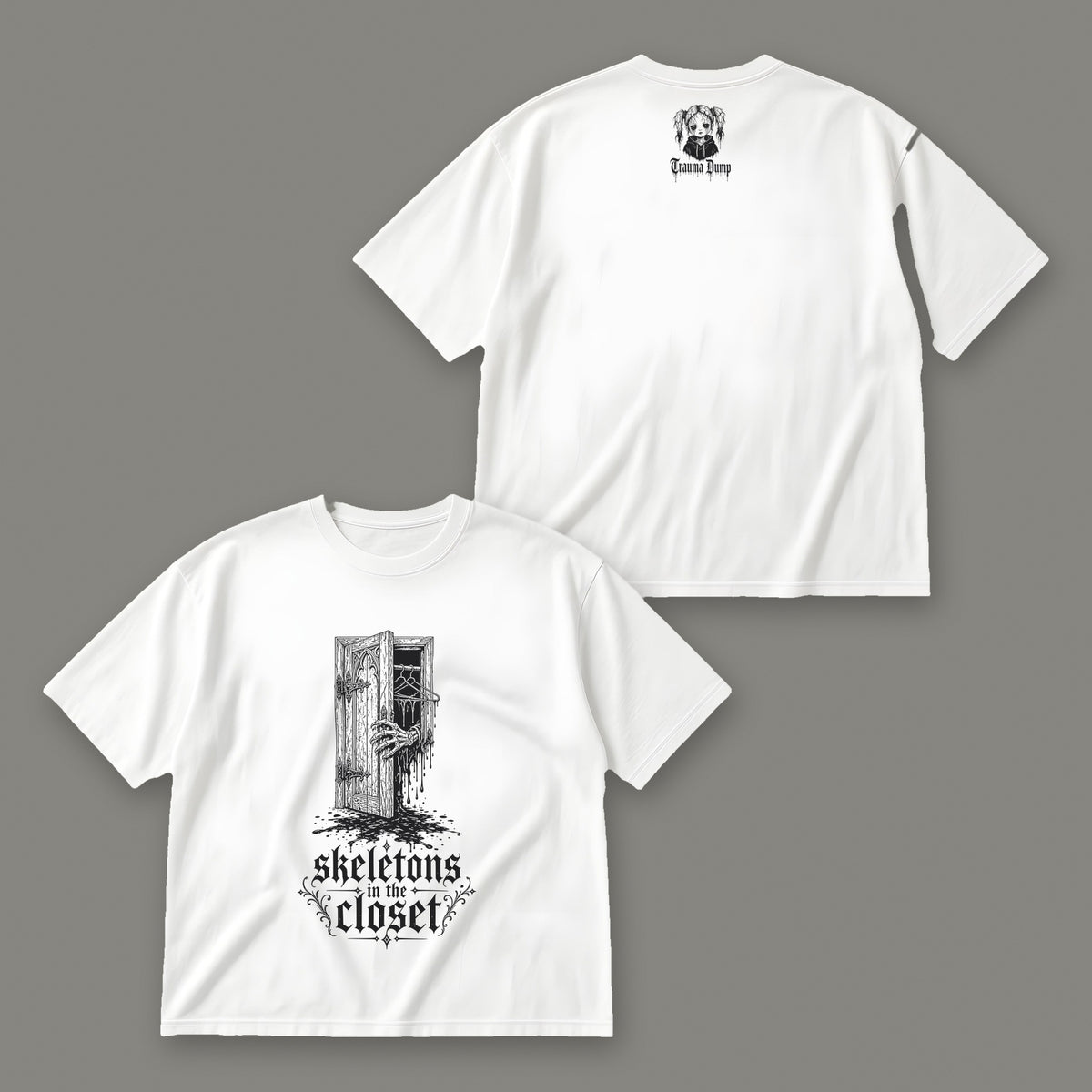 Skeletons in the Closet Men's Oversized Tee - White by Trauma Dump, front and back view of white goth tee with black ink