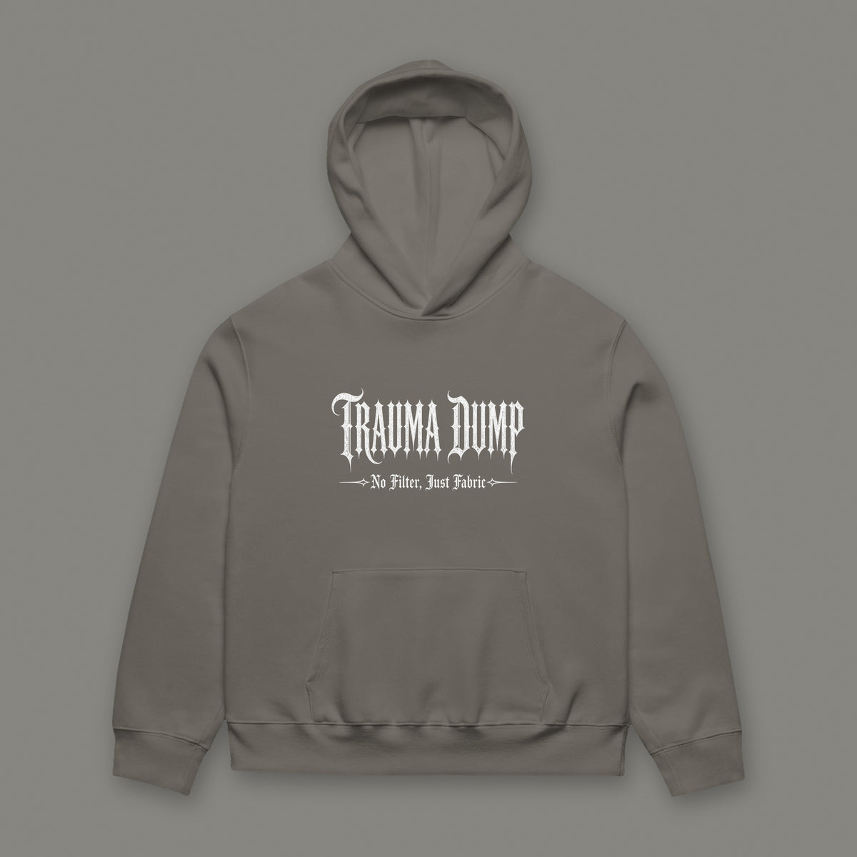Skeletons in the Closet Oversized Heavyweight Hoodie by Trauma Dump, oversized asphalt goth hoodie front with Trauma Dump gothic logo, mockup view 4 (Asphalt, white ink)