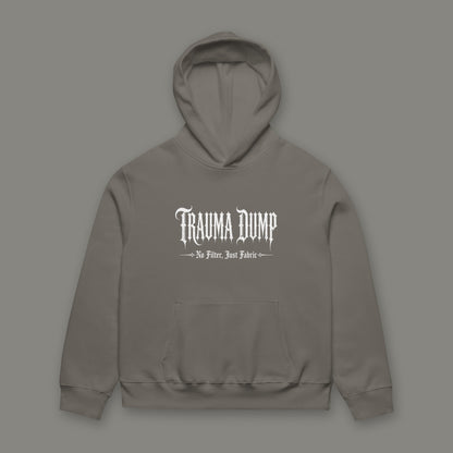 Skeletons in the Closet Oversized Heavyweight Hoodie by Trauma Dump, oversized asphalt goth hoodie front with Trauma Dump gothic logo, mockup view 4 (Asphalt, white ink)