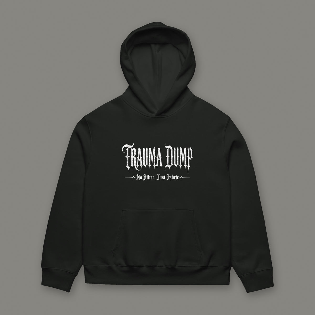 Skeletons in the Closet Oversized Heavyweight Hoodie by Trauma Dump, oversized vintage black goth hoodie front with Trauma Dump gothic logo, mockup view 8 (Vintage Black, white ink)