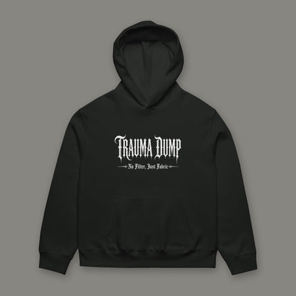 Skeletons in the Closet Oversized Heavyweight Hoodie by Trauma Dump, oversized vintage black goth hoodie front with Trauma Dump gothic logo, mockup view 8 (Vintage Black, white ink)