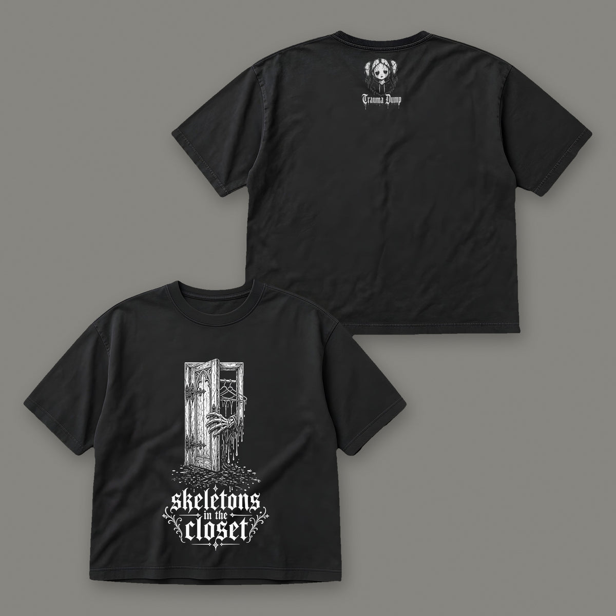 Skeletons in the Closet Women's Boxy Tee by Trauma Dump, front and back view of black goth tee (Black, white ink)