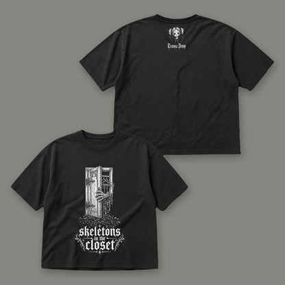 Skeletons in the Closet Women's Boxy Tee by Trauma Dump, front and back view of black goth tee (Black, white ink)