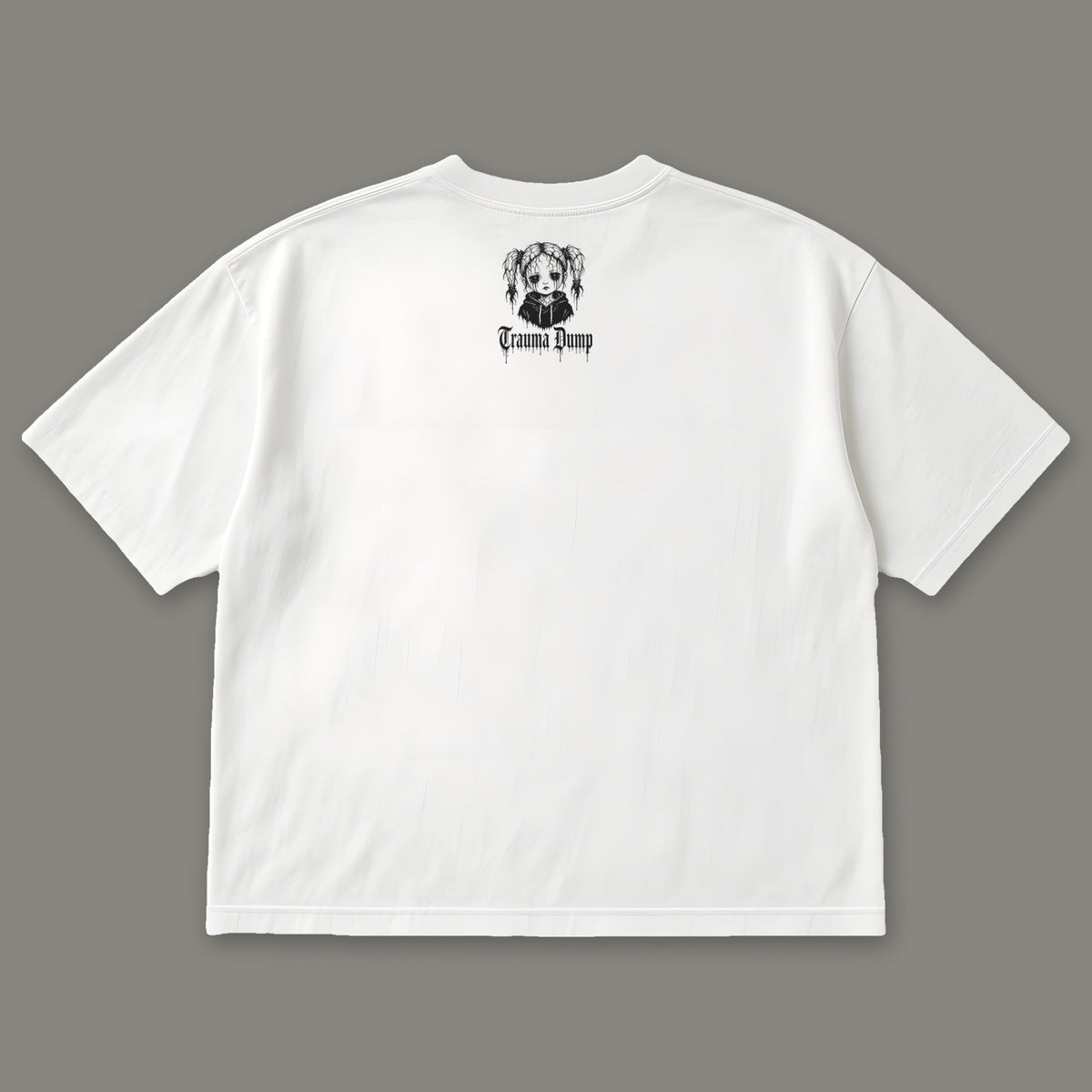 Skeletons in the Closet Women's Boxy Tee - White by Trauma Dump, women's boxy goth tee back view with black TD doll logo under the collar