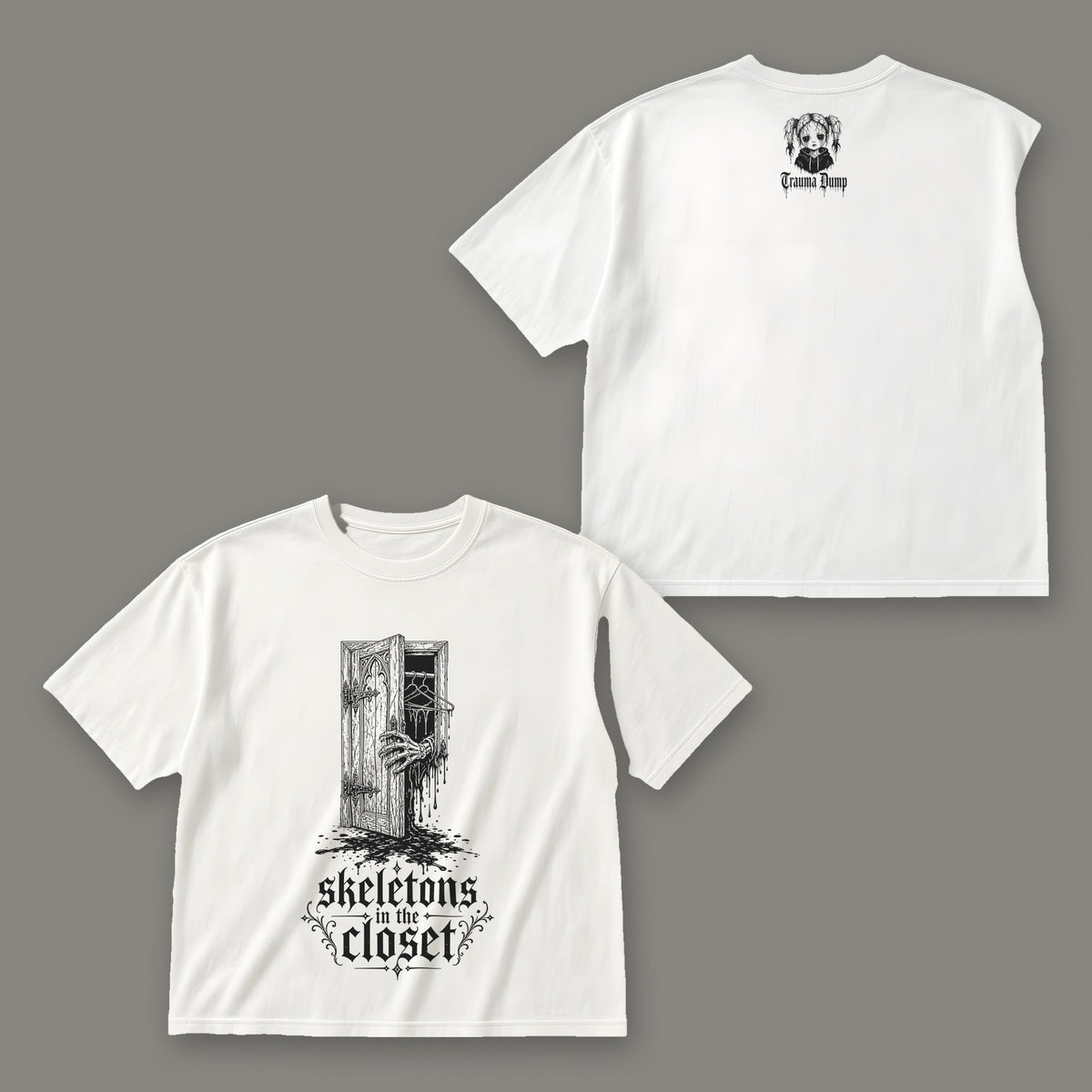 Skeletons in the Closet Women's Boxy Tee - White by Trauma Dump, front and back view of white goth tee with black ink