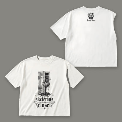 Skeletons in the Closet Women's Boxy Tee - White by Trauma Dump, front and back view of white goth tee with black ink