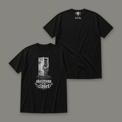 Skeletons in the Closet Women's Relaxed Tee by Trauma Dump, front and back view of black goth tee (Black, white ink)