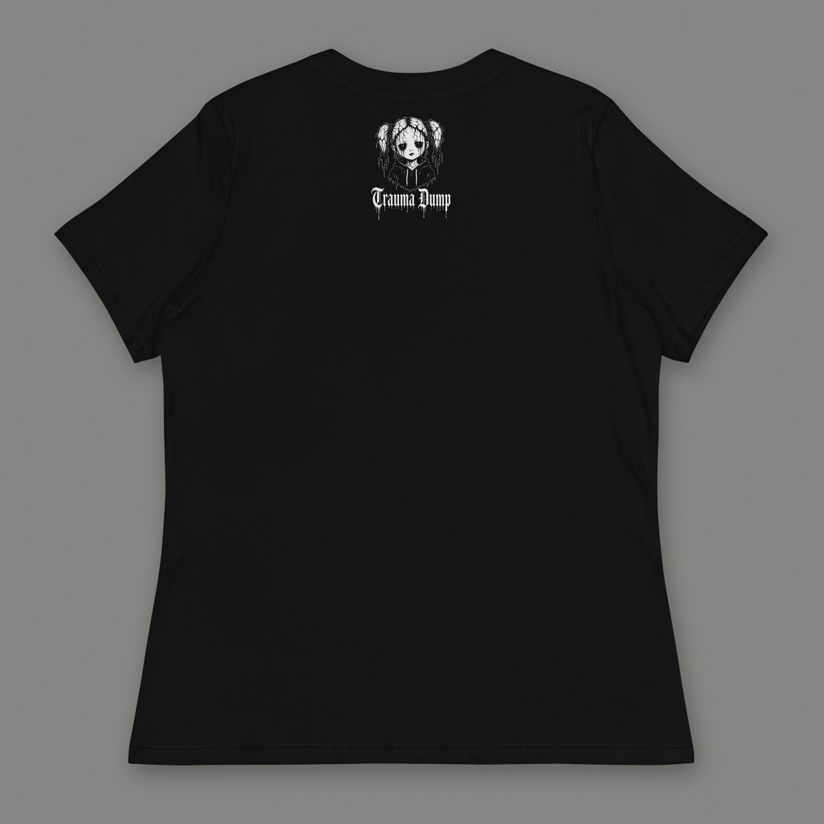 Skeletons in the Closet Women's Relaxed Tee in black by Trauma Dump, women's relaxed tee goth tee back view with TD doll logo under the collar in white ink (Black, White ink)