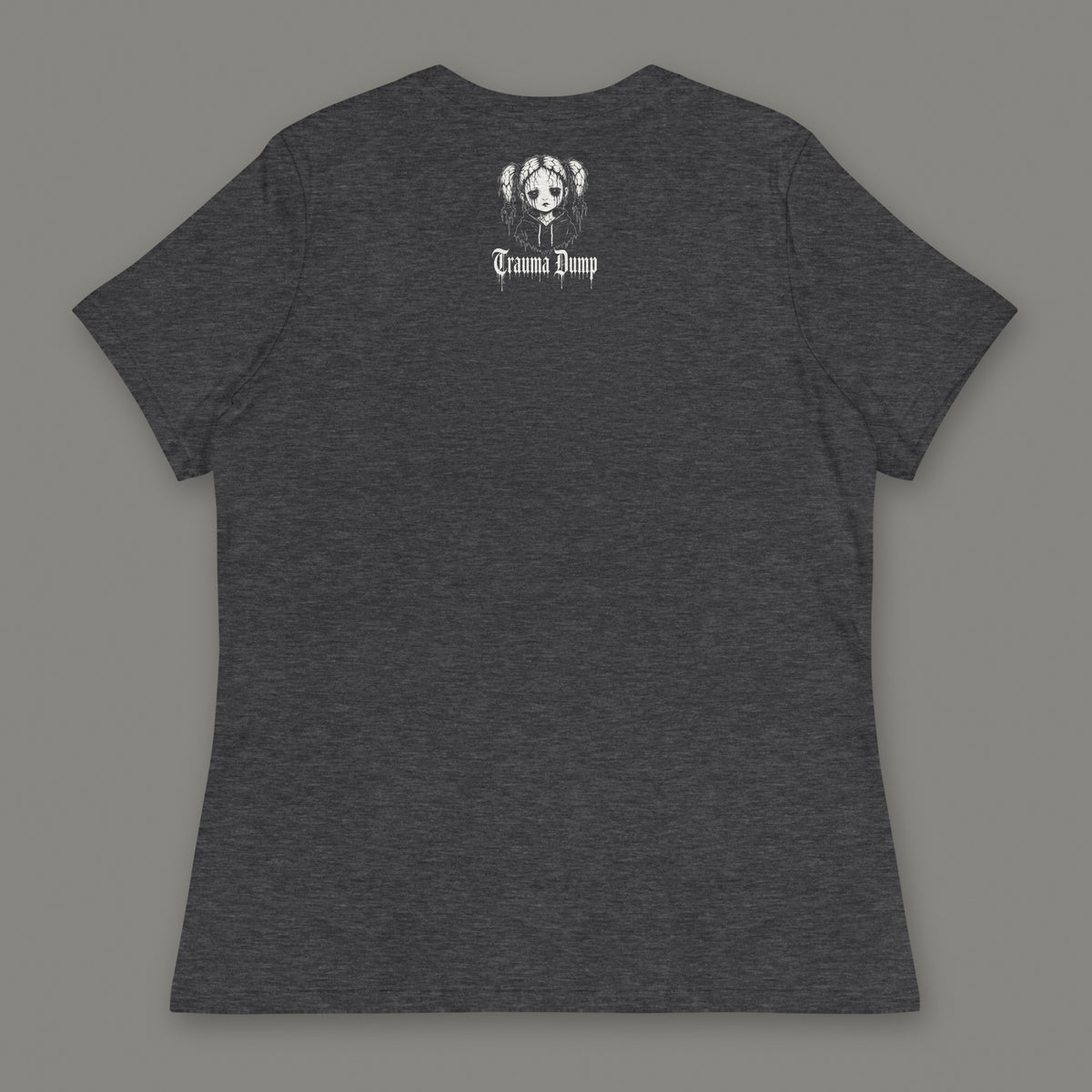 Skeletons in the Closet Women's Relaxed Tee in dark grey heather by Trauma Dump, women's relaxed tee goth tee back view with TD doll logo under the collar in white ink (Dark Grey Heather, White ink)