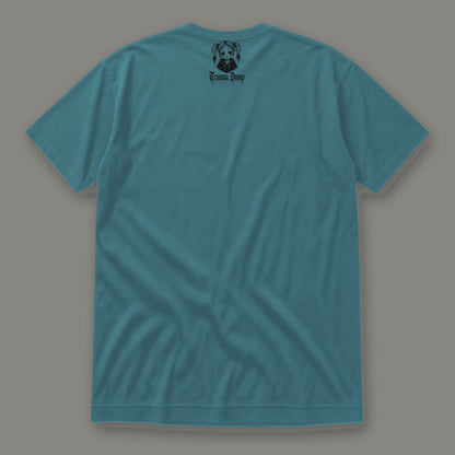 Skeletons in the Closet Women's Relaxed Tee in heather deep teal by Trauma Dump, women's relaxed tee goth tee back view with TD doll logo under the collar in black ink (Heather Deep Teal, black ink)