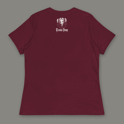 Skeletons in the Closet Women's Relaxed Tee in maroon by Trauma Dump, women's relaxed tee goth tee back view with TD doll logo under the collar in white ink (Maroon, White ink)