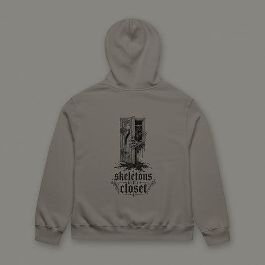 Skeletons in the Closet Oversized Heavyweight Hoodie in asphalt by Trauma Dump, oversized asphalt goth hoodie back with skeleton hand print in black ink (Asphalt, black ink)