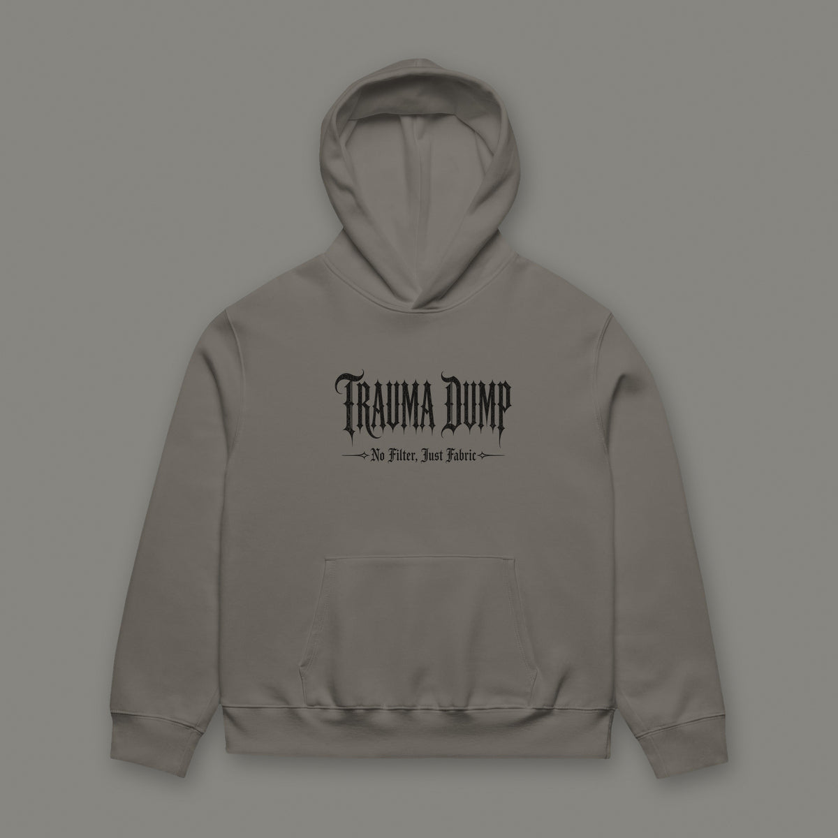 Skeletons in the Closet Oversized Heavyweight Hoodie in asphalt by Trauma Dump, oversized asphalt goth hoodie front with Trauma Dump gothic logo in black ink (Asphalt, black ink)
