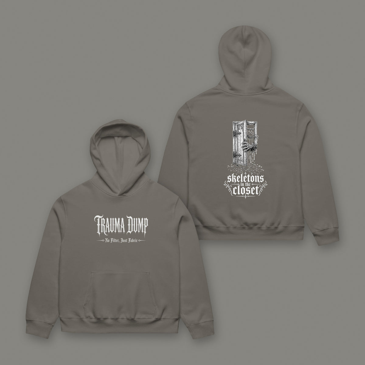 Skeletons in the Closet Oversized Heavyweight Hoodie in asphalt black by Trauma Dump, skeleton hand tattoo-style gothic graphic (Asphalt, white ink)