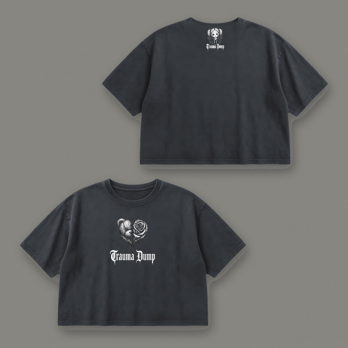 Trauma Dump Cropped Baby Tee in black, front and back view