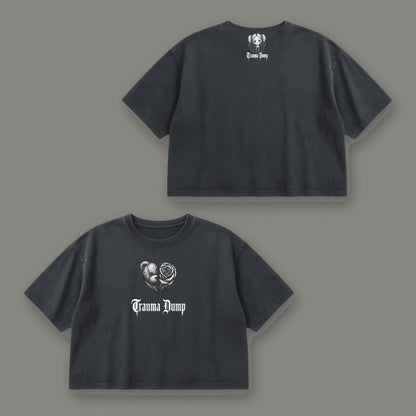 Trauma Dump Cropped Baby Tee in black, front and back view