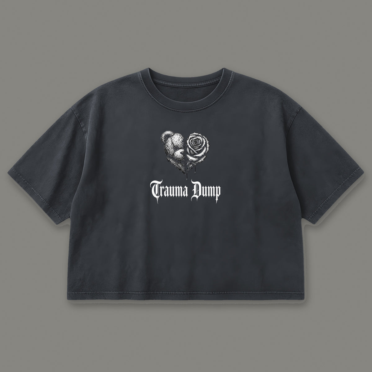 Trauma Dump Cropped Baby Tee in black, front view